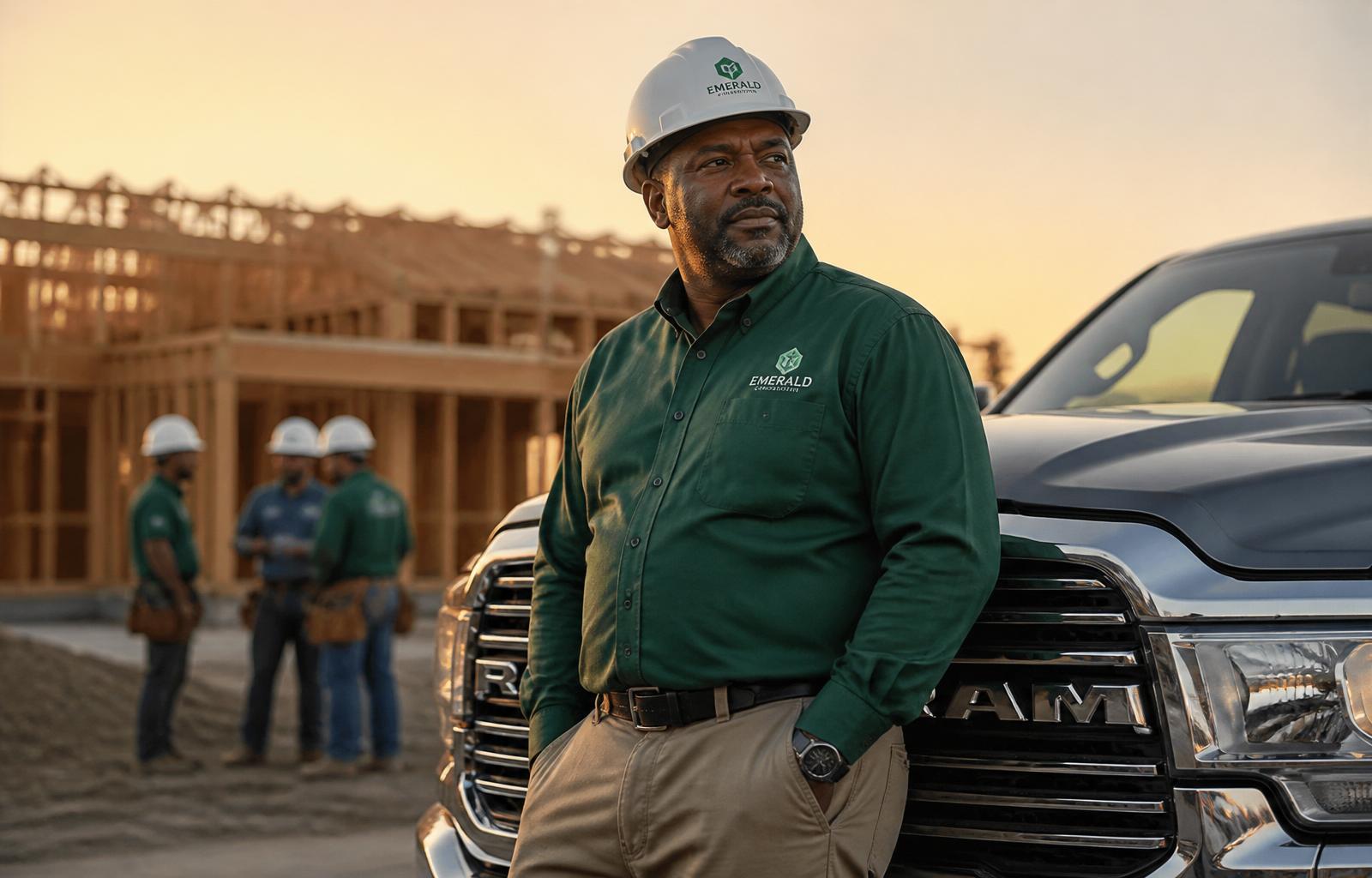 Construction contractor standing beside his truck at a job site