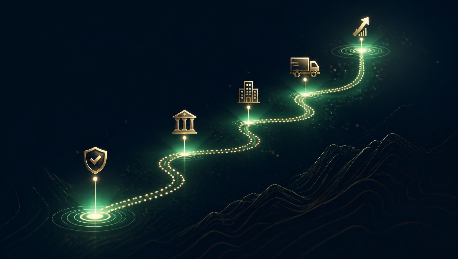 A glowing roadmap from Today to Funded with waypoints